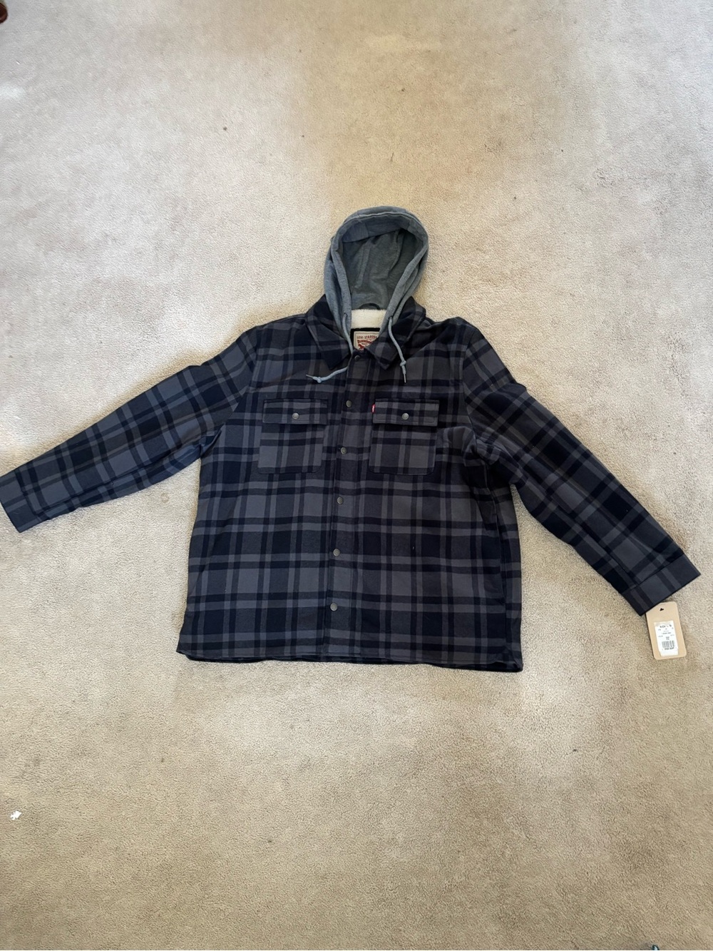 Levi's Sherpa-Lined Plaid Fleece Hooded Jacket in Black and Gray